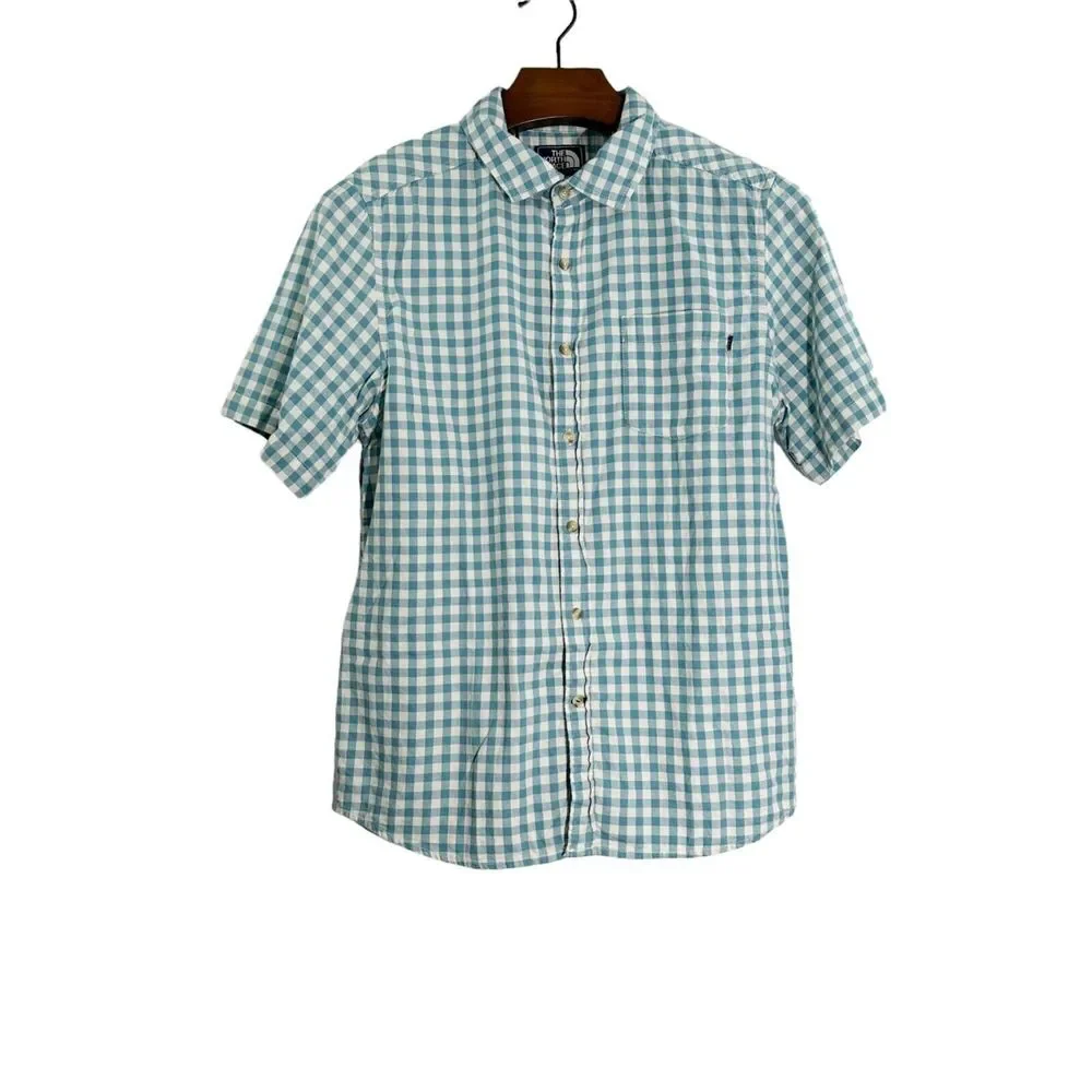 The North Face Men's Short Sleeve Blue Check Button‎ Up Shirt Size M Casual